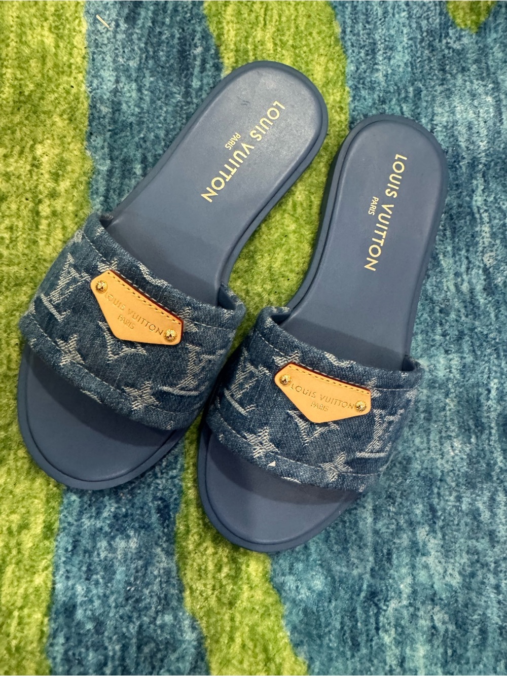 Louis Vuitton Blue Denim Logo Plaque Slide Sandals